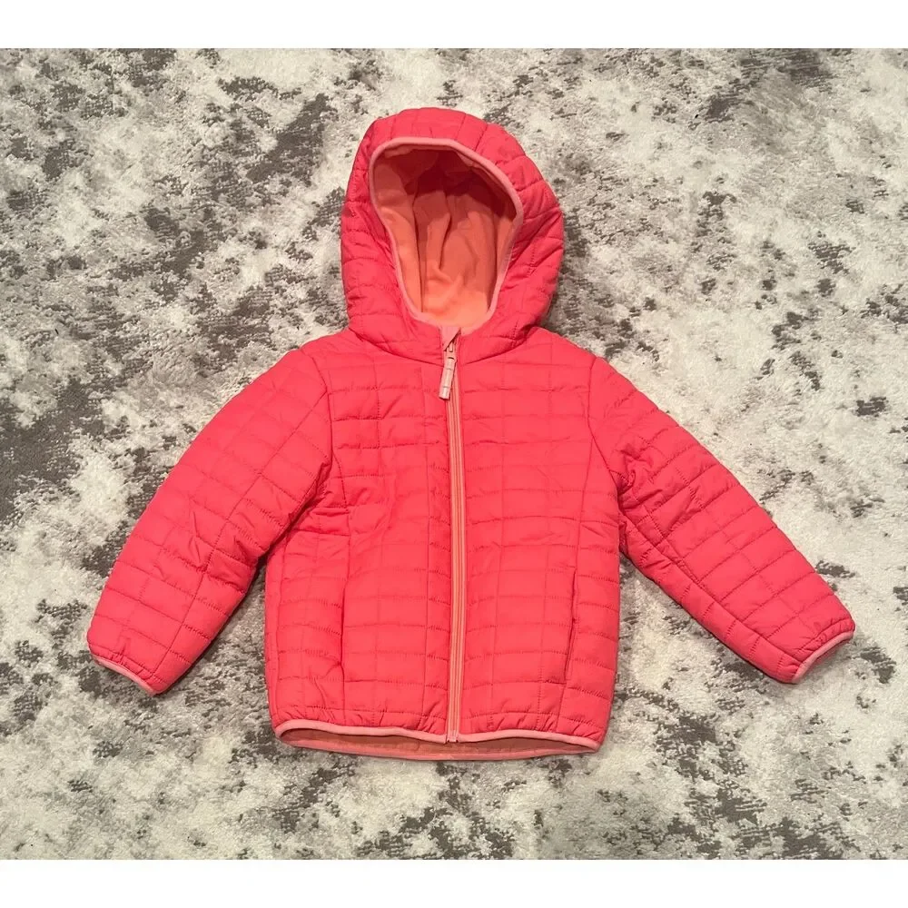 Cat & Jack Hooded Pink Puffer Zip Front Jacket Little Girls Sz XS (4/5)